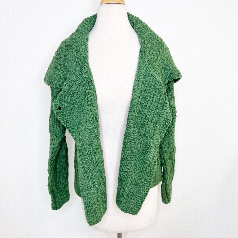 Carraig Donn Womens Merino Wool Aran Irish Wrap Sweater Size‎ XS Green Fisherman - Picture 12 of 12